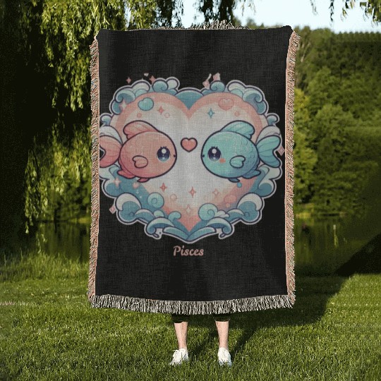 Celestial Pisces Love Heart Illustration Woven Blankets