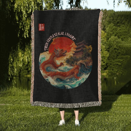 Japanese Dragon and Pagoda Sunset Art Woven Blankets