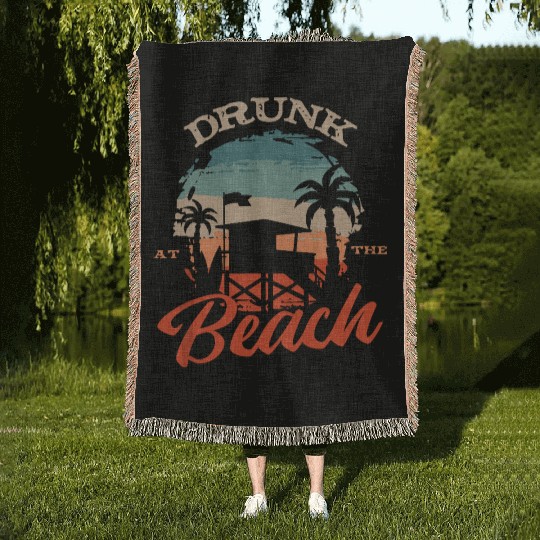 Tropical Beach Sunset Illustration Woven Blankets