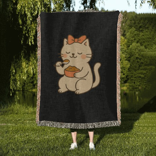 Cute Cat with Bow Eating SoupCute Kawaii Cat Eatin Woven Blankets