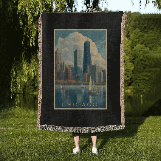 Chicago Skyline with Sailboats Woven Blankets
