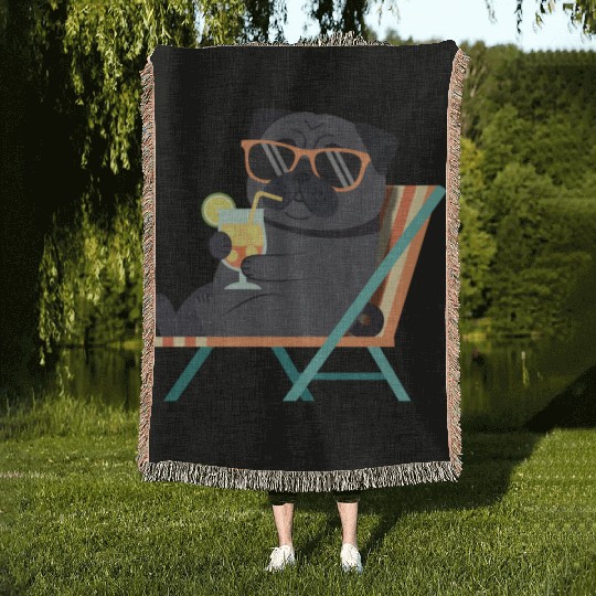 Chill Pug with Sunglasses and Lemonade Woven Blankets
