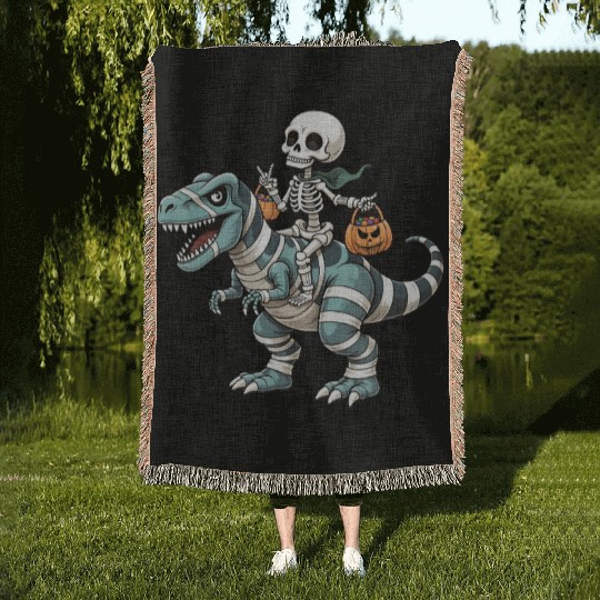 Skeleton Riding Mummy Dinosaur Funny Halloween Woven Blankets