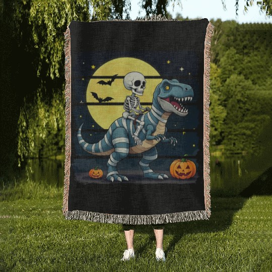 Skeleton Riding Mummy Dinosaur Funny Halloween Woven Blankets
