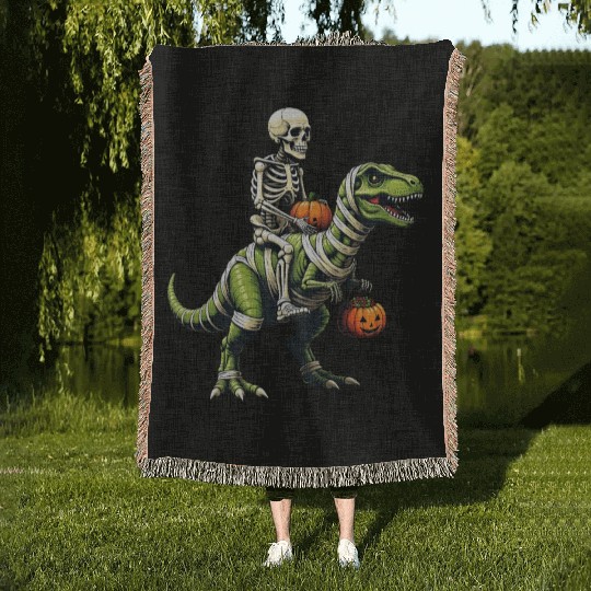 Skeleton Riding Mummy Dinosaur Funny Halloween Woven Blankets