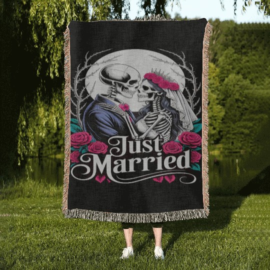 Gothic Just Married Skeletons Bride and Groom Woven Blankets