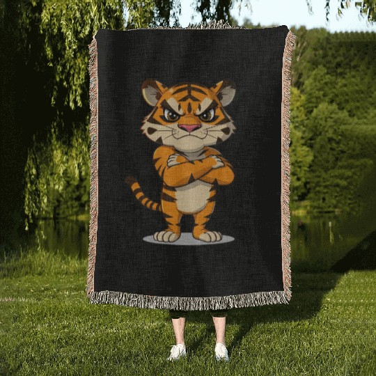 grumpy tiger cartoon animal illustration Woven Blankets