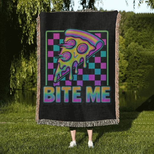 Bite Me – Y2K Glitch Pizza Neon Woven Blankets