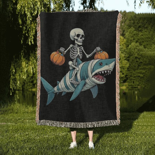 Skeleton Riding Shark Mummy Funny Halloween Woven Blankets