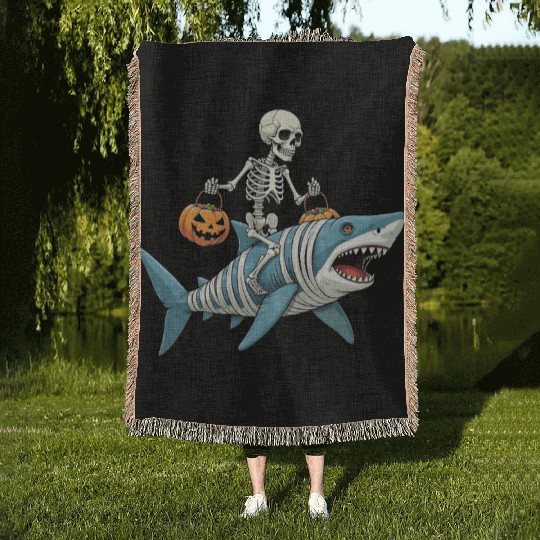 Skeleton Riding Shark Mummy Funny Halloween Woven Blankets