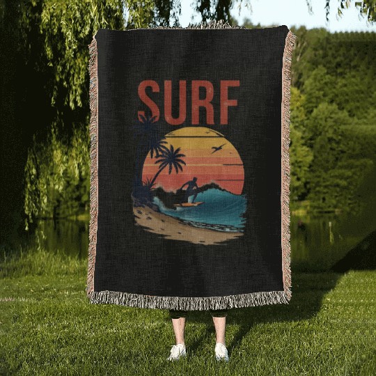 Sunset Surfing Beach Scene Woven Blankets