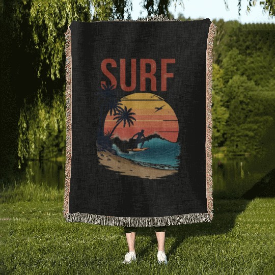 Sunset Surfing Beach Scene Woven Blankets