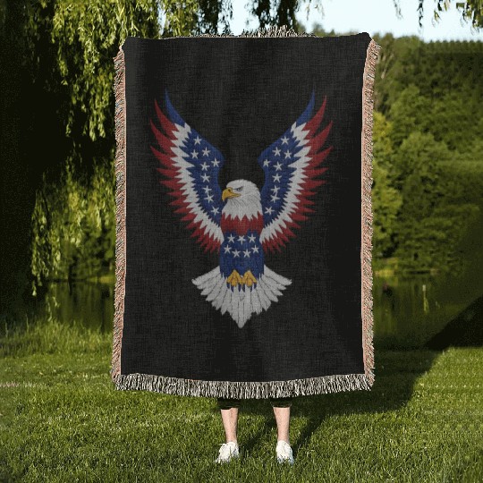 American Bald Eagle with USA Flag Wing Art Design Woven Blankets