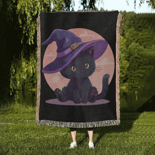 Whimsical Halloween Cat with Witch Hat Woven Blankets