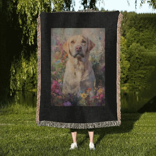 Labrador in Vibrant Garden Scene Woven Blankets