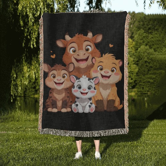 "Cute Farm Animal Friends – Cartoon Cow, Tiger, Li Woven Blankets