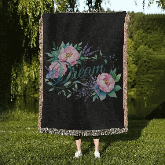 Elegant Floral 'Dream' Typography Design Woven Blankets