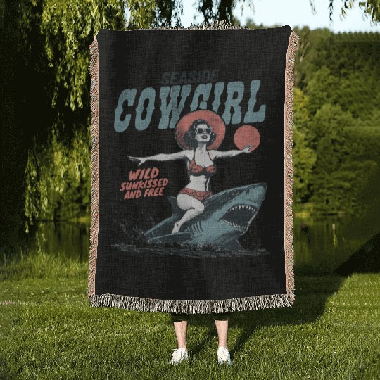 Seaside Cowgirl Shark Adventure retro summer Woven Blankets