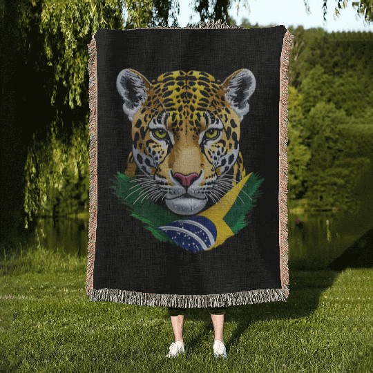 Brazil Jaguar Head Green Yellow Blue National Flag Woven Blankets