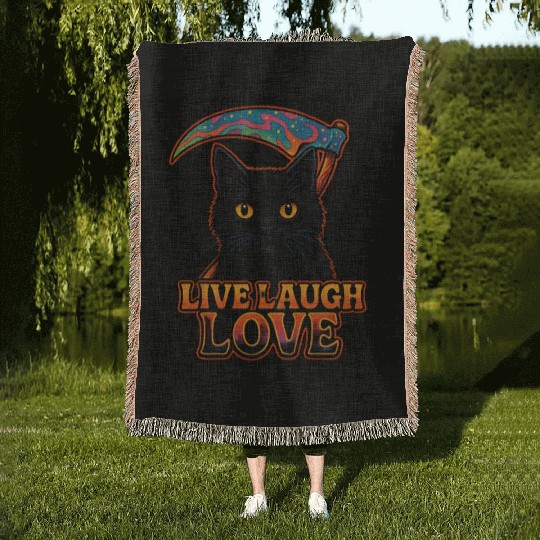Black Cat Psychedelic Live Laugh Love Woven Blankets