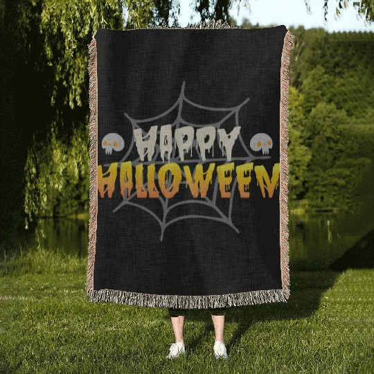 Happy Halloween with Spiderweb and Skulls Woven Blankets