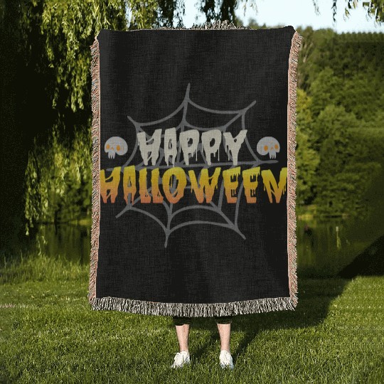 Happy Halloween with Spiderweb and Skulls Woven Blankets