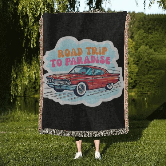 Vintage Classic Car Road Trip Design Woven Blankets