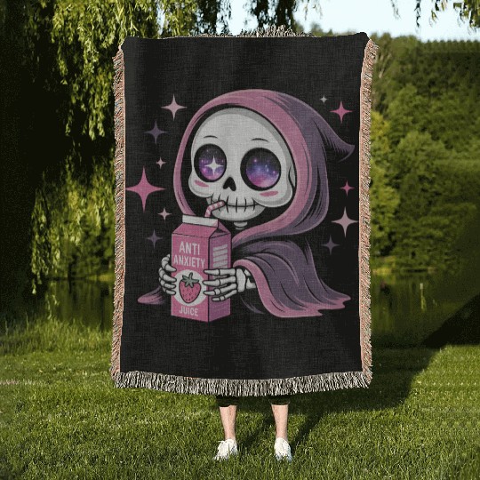 Cosmic Skeleton Drinking Strawberry Juice Woven Blankets