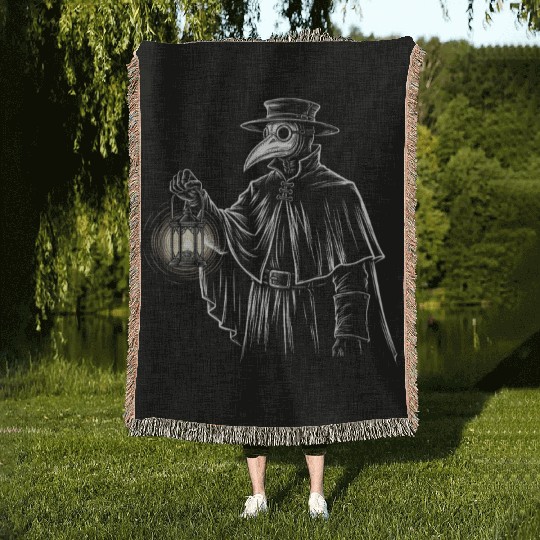 Dark Medieval Plague Doctor Illustration Woven Blankets