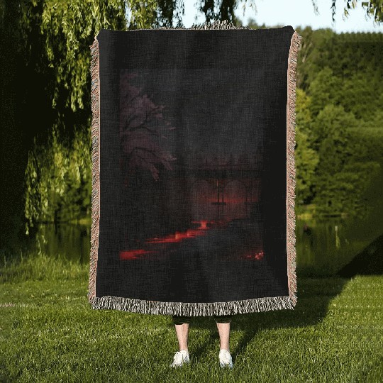 Nighttime Bridge and Cherry Blossom Scene Woven Blankets