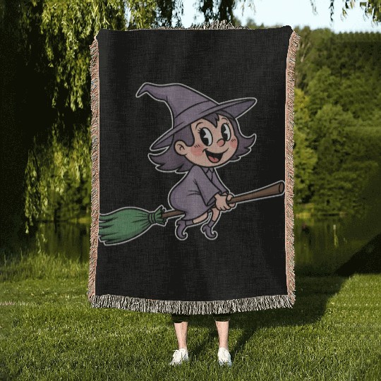 Whimsical Witch on a Broomstick Woven Blankets