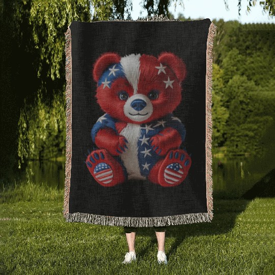 Patriotic Bear in Stars and Stripes Woven Blankets