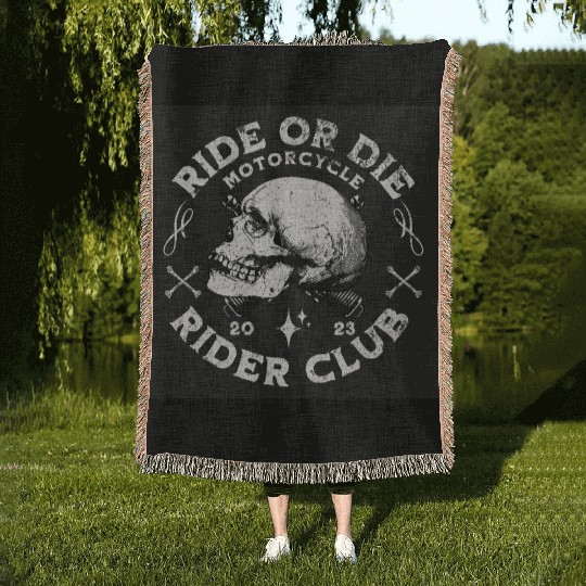 Skull Motorcycle Rider Club Emblem Woven Blankets