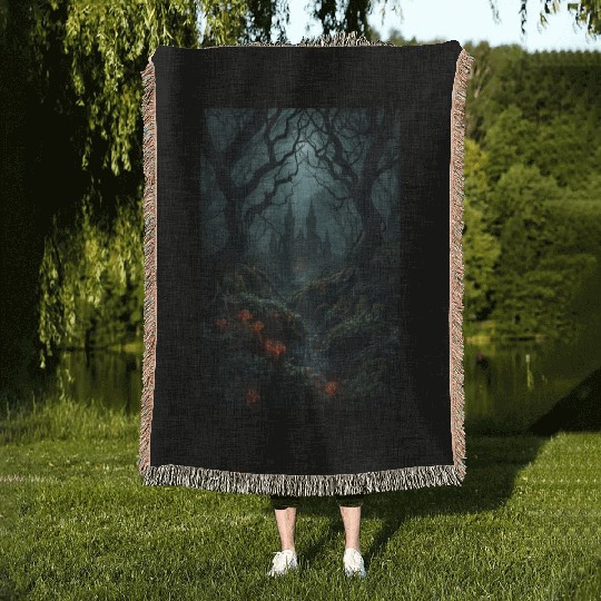 Enchanted Forest with Haunted Castle Woven Blankets