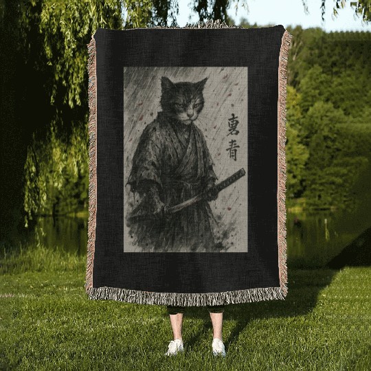 Samurai Cat Warrior Vintage Japanese Art Design Woven Blankets