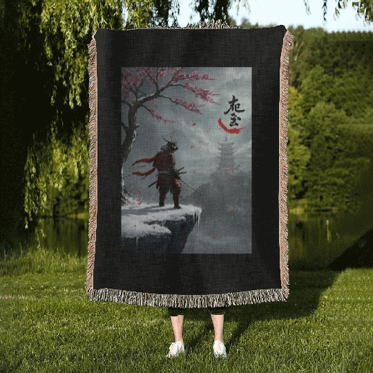 Samurai Warrior Under Cherry Blossom Tree Woven Blankets