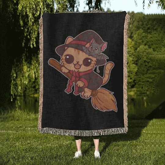 Enchanted Witch Cat with Bat Companion Woven Blankets