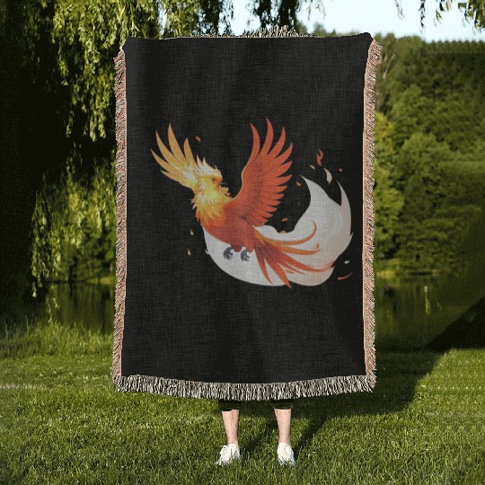 Fiery Mythical Phoenix Illustration Woven Blankets