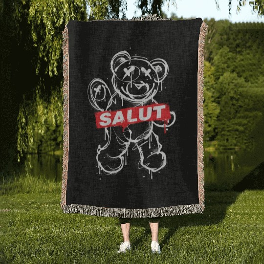 Graffiti Style Bear with Salut Message Woven Blankets