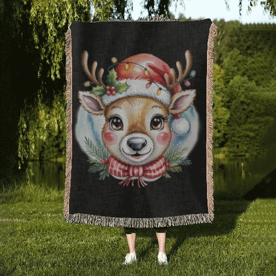 Cute Rudolph Reindeer Watercolor Christmas Art Woven Blankets