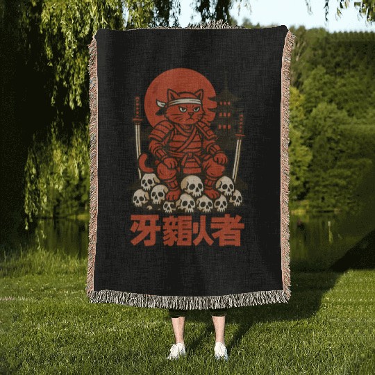 Samurai Cat with Skulls and Pagoda Woven Blankets