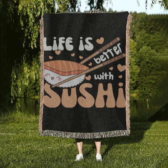 Life Is Better With Sushi Kawaii Nigiri Sushi Woven Blankets