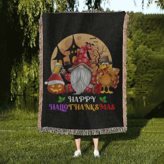 Happy Hallothanksmas Halloween Thanksgiving Xmas Woven Blankets