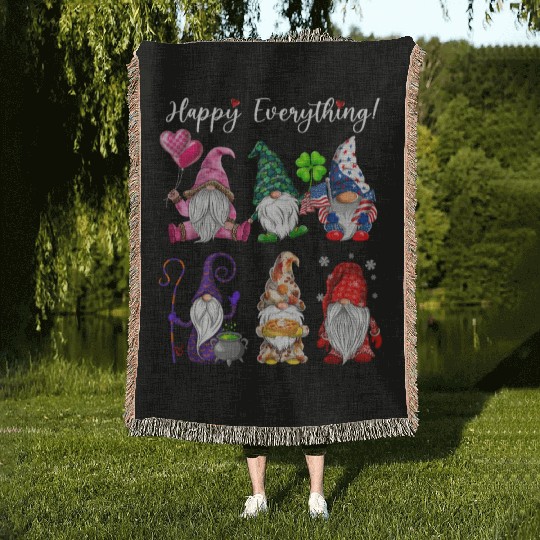 Happy Everything Gnomes Every Seasons All Year Woven Blankets