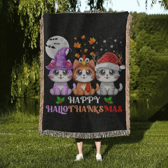 Happy HalloThanksMas Cute Cats Lover Woven Blankets