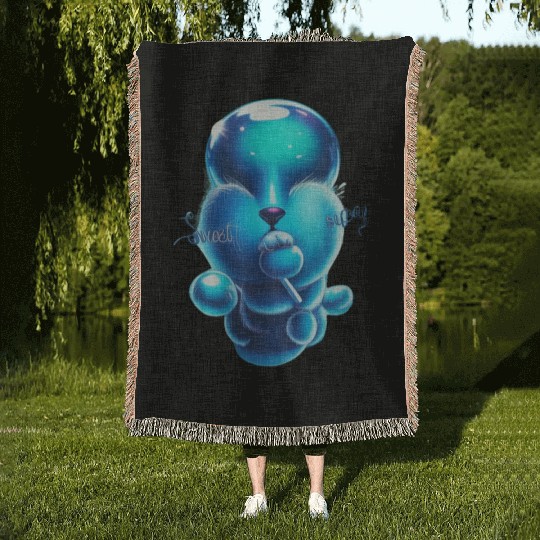 Whimsical Blue Bear with Lollipop Woven Blankets