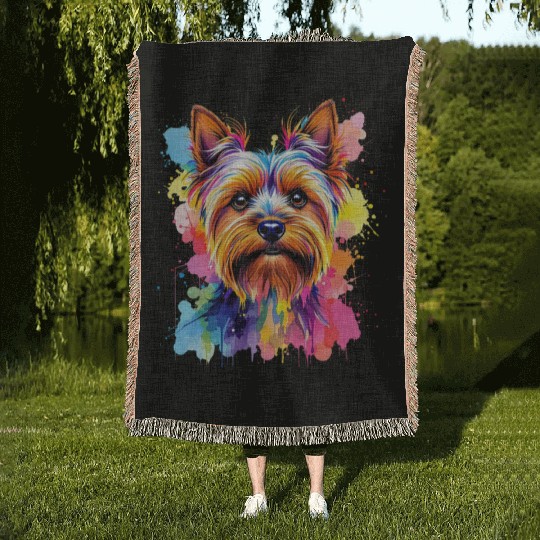 Vibrant Yorkie Portrait Art Woven Blankets