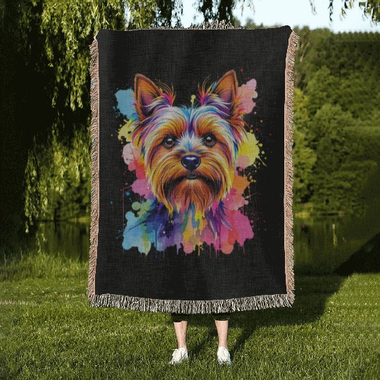 Vibrant Yorkie Portrait Art Woven Blankets
