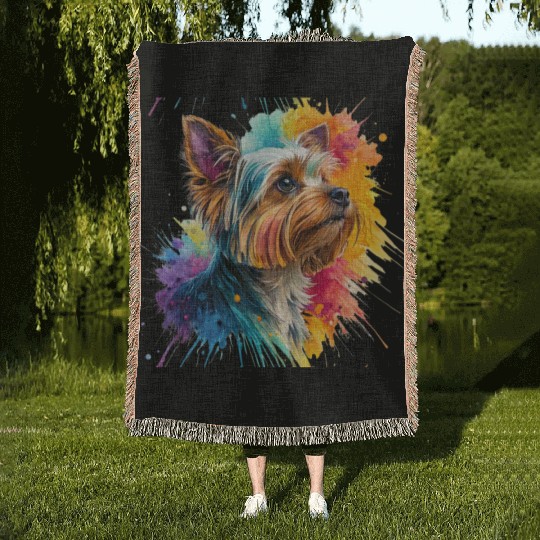 Vibrant Yorkie Watercolor Portrait Woven Blankets
