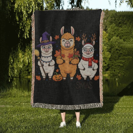Hallothanksmas Llama Trio Halloween Xmas Woven Blankets Gift